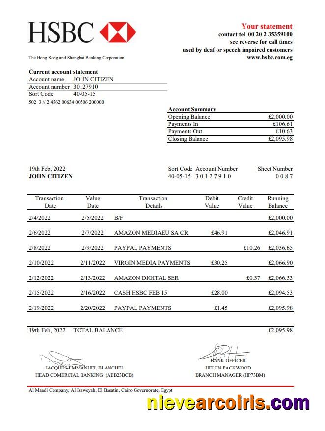 Egypt HSBC bank statement
